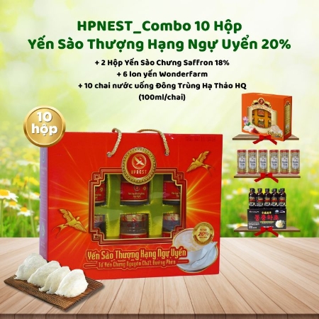 HPNEST_Combo 10 Hộp Yến Sào Thượng Hạng Ngự Uyển 20%+ 2 Hộp Yến Sào Chưng Saffron 18% + 6 lon nước yến ngân nhĩ