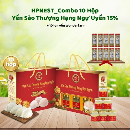 [CRZ]HPNEST_Combo 10 Hộp Yến Sào Thượng Hạng Ngự Uyển 15% + 10 lon nước yến ngân nhĩ