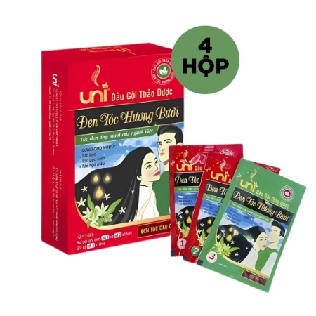[TMĐT] Gói combo: 04 Hộp Uni Dầu Gội Thảo Dược Đen Tóc Hương Bưởi ( Hộp 3 gói)
