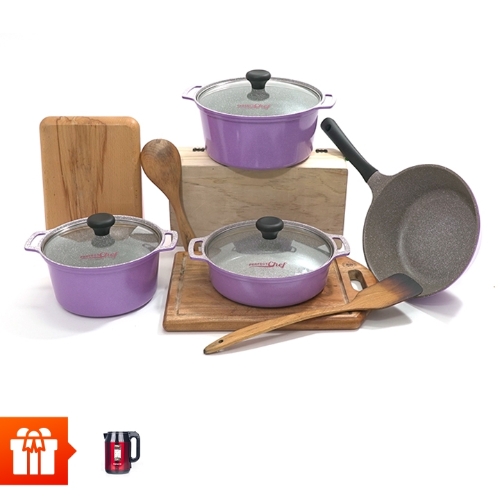 [Trung Thu]Combo bộ 3 nồi đúc vân đá đáy từ size 20cm; 22cm; 24cm + 1 chảo vân đá đáy từ chống dính size 24cm Perfectchef