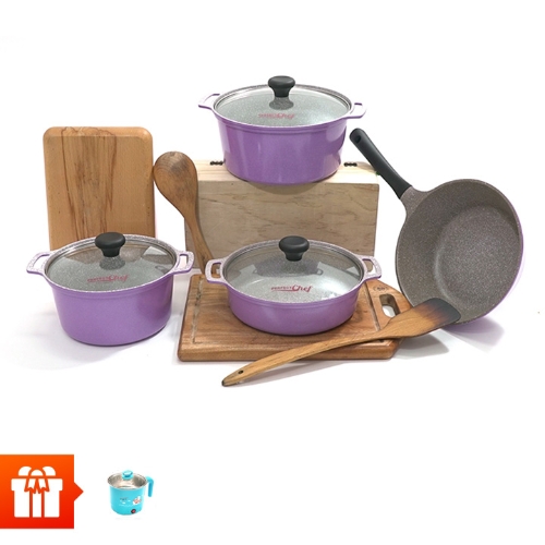 [Đại lễ]Combo bộ 3 nồi đúc vân đá đáy từ size 20cm; 22cm; 24cm + 1 chảo vân đá đáy từ chống dính size 24cm Perfectchef+ Nồi nấu mì mini cầm tay Perfect MS-D01