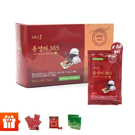 [SK ]Combo 60 gói TPBS nước hồng sâm linh chi Honglinzhi 365 (70ml/gói)+15 gói nước hồng sâm linh chi Honglinzhi 365 cùng loại+ 1 kẹo sâm 200gr  +2 túi giấy