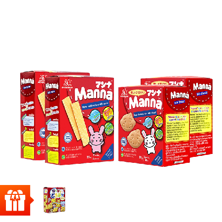[EC]-MORINAGA-Combo bánh ăn dặm (2 hộp bánh quy sữa Manna 52g + 2 hộp bánh xốp sữa Manna 35g) tặng 1 Bánh quy hình thú Takara 50g