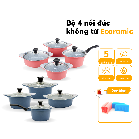 [60PH] ECORAMIC - Bộ 4 nồi đúc không từ Ecoramic (gồm nồi size 16,20,22cm, quánh size 18cm)+ 1 cặp nhấc nồi sillicon