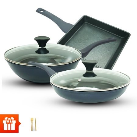 [Độc quyền 60P] Bộ chảo đế từ Ecoramic ( chảo cạn 28cm, chảo sâu 28cm kèm nắp kính, chảo vuông 20x23cm )+ Bộ đũa và vá tre