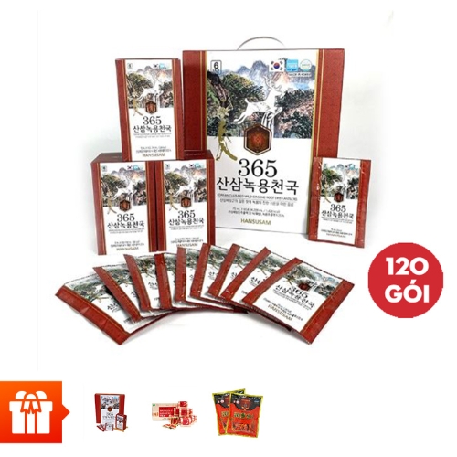 [Deal]Combo 120 gói Nước chiết xuất nhung hươu sâm núi Hàn Quốc 365 (70 ml/gói)+1 Hộp Nước chiết xuất nhung hươu sâm núi Hàn Quốc 365( 50mlx30 gói/hộp)+1 hộp Chè sâm Wongin-T 2gx100gói/hộp+ 02 gói Kẹo hồng sâm Hàn Quốc 200g/gói