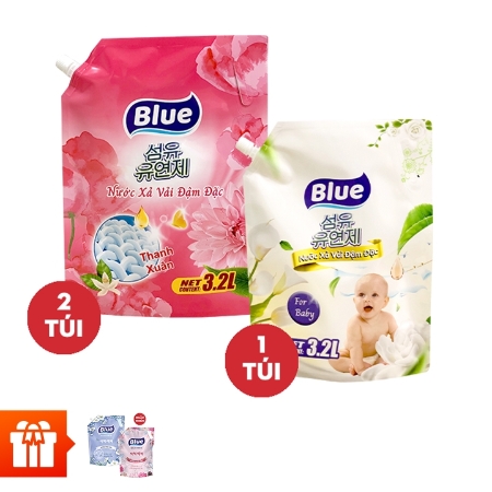 Combo 2 túi  nước xả vải  Blue hương thanh xuân 3.2L+ 1 túi nước xả vải Blue for Baby 3.2L + 1 túi Nước giặt Blue 2Kg hương Thảo Mộc/hương Nước Hoa