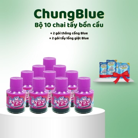 ChungBlue - Bộ 10 chai tẩy bồn cầu + 2 gói thông cống Blue + 2 gói tẩy lồng giặt Blue