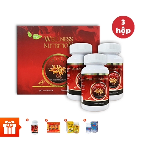 Mega Edit-NATURE GIFT - Combo 3 hộp TPBVSK Viên đông trùng hạ thảo Wellness Nutrition (90 viên/ hộp)+1 hộp cùng loại + 1 hộp yến sào Cung đình+ 1 kẹo sâm+ 1 hộp Omega 369 30 viên+ 1 hộp sụn 30 viên