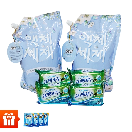 Combo 2 túi nước giặt Hương thảo mộc Blue 2kg/túi + 4 xà bông tẩy vết bẩn SANDOKKAEBI  230g/gói + 4 gói bột thông cống 100g/gói