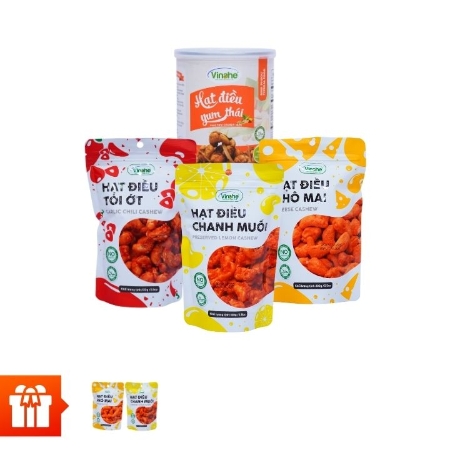 Vinahe_Combo 1 Hạt Điều Tỏi Ớt Gói 100gr+1 Hạt Điều Phô Mai Gói 100gr+1 Hạt Điều Chanh Muối Gói 100gr+1 Hạt Điều Yum Thái Lon 130gr+1 Hạt Điều Tỏi Ớt Gói 35gr+1 Hạt Điều Phô Mai Gói 35gr+ 1 Hạt Điều Chanh Muối Gói 35gr