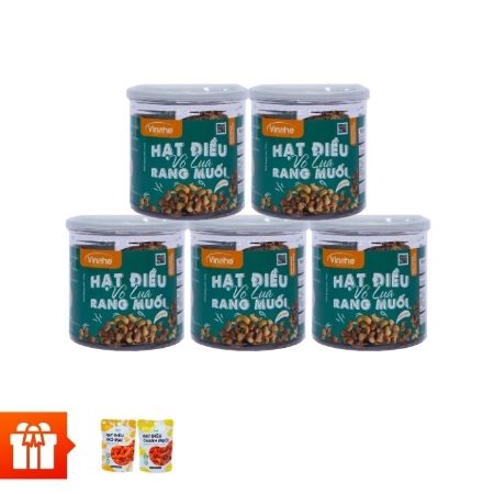 Vinahe_Combo 05 Hạt Điều Vỏ Lụa Rang Muối Hũ 170gr (170gr/hũ) +1 Hạt Điều Tỏi Ớt Gói 35gr+1 Hạt Điều Phô Mai Gói 35gr+ 1 Hạt Điều Chanh Muối Gói 35gr