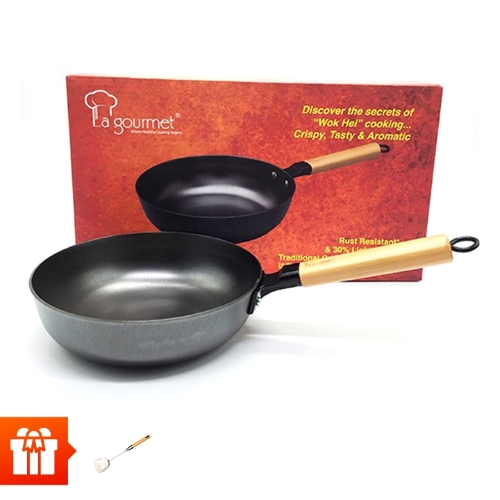 Chảo gang La gourmet Nitrigan 24cm sâu+Sạn inox La gourmet