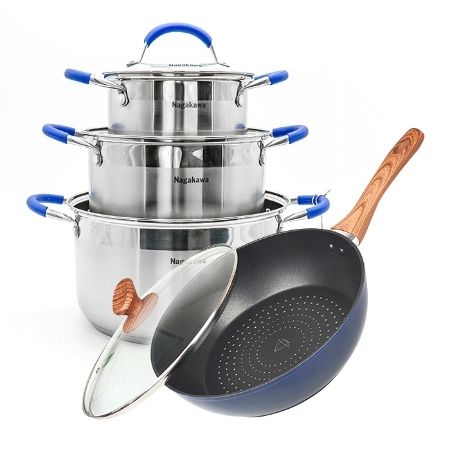 Nagakawa_ Bộ nồi inox 5 đáy NAG1302+ Chảo kim cương đáy từ Nagakawa NAG2653