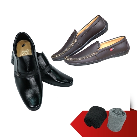 CRAZY SALE_K LUXURY - Combo 1 giày tây màu đen ,1 giày lười màu nâu + 2 vớ