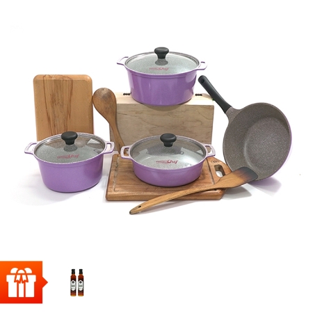 [Vulan] Combo bộ 3 nồi đúc vân đá đáy từ size 20cm; 22cm; 24cm + 1 chảo vân đá đáy từ chống dính size 24cm Perfectchef