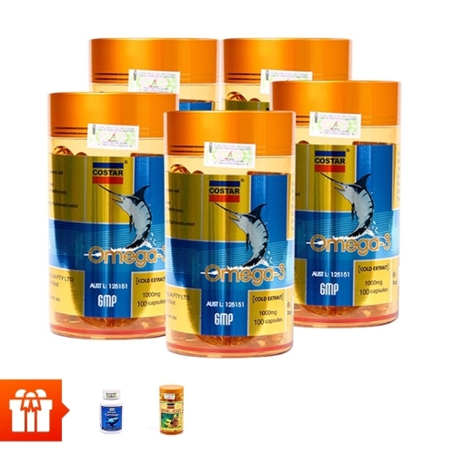 [MEGA-60P]_COSTAR - 5 hộp Dầu cá Omega 3 (100v/hộp)+1 hộp sụn cá mập shark (30v/hộp) + 1 hộp sữa ong chúa (60v/hộp)	