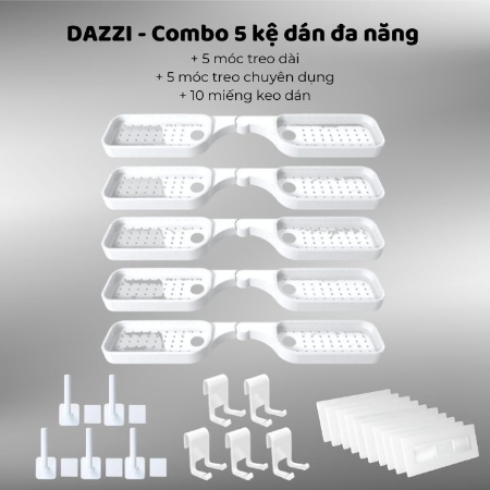 DAZZI - Combo 5 kệ dán đa năng Tặng 5 móc treo dài + 5 móc treo chuyên dụng + 10 miếng keo dán