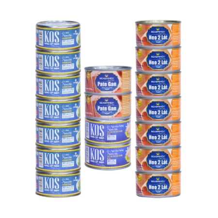 SEASPIMEX - Combo 7 hộp Cá Biển Ngâm Dầu (185gr/hộp) + 2 hộp Cá Ngừ Đại Dương Ngâm Dầu (185gr/hộp)+ 2 hộp Pate Gan (170gr/hộp)+ 7 hộp Heo 2 Lát (185gr/hộp)