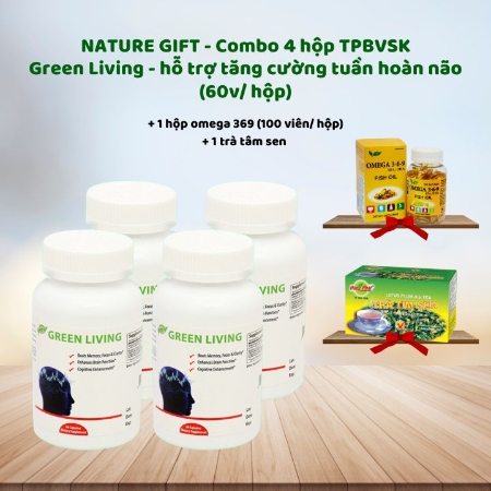 [60P Vàng] - NATURE GIFT - Combo 4 hộp TPBVSK Green Living - hỗ trợ tăng cường tuần hoàn não (60v/ hộp) + 1 hộp omega 369 (100 viên/ hộp) + 1 trà tâm sen	