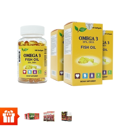 Combo 4 hộp Omega 3 Fish Oil (100 viên/ hộp )+1 hộp TPBVSK Wellness Nutrition (30 viên)+2 hộp TPBVSK trà atiso sao vàng túi lọc+ 2 gói kẹo hồng sâm (200g/gói) 