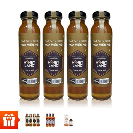 HONEYLAND - Combo 4 chai Mật ong chín hoa miền núi (470g/chai) + 4 chai mật ong hoa rừng Gia Lai (470g/chai) + 3 chai mật ong Điện Biên (380g/chai) +1 chai keo ong xịt họng 30ml