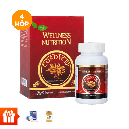 [SK 60P]-Combo 4 hộp TPBVSK Viên đông trùng hạ thảo Wellness Nutrition (90 viên/ hộp)+ 1 hộp sụn Shark 100v + 1 Chanh mật ong 580gr 