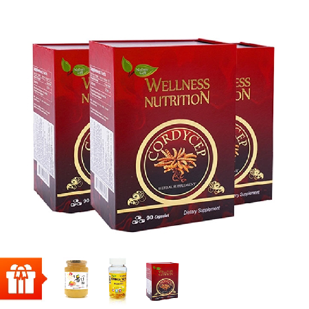 [60P RS 23]NATURE GIFT - Combo 3 hộp Đông trùng hạ thảo Wellness nutrition 90 viên + 1 hộp cùng loại 90 viên + 1 Omega 369 30 viên + 1 hũ trà chanh mật ong 580gr