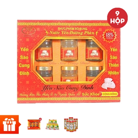 [ĐV 60p]YẾN SÀO CUNG ĐÌNH-Bộ 9 hộp nước yến đường phèn(18%)+2 hộp nước yến đường phèn(15%)+5 gói cháo yến+6 lon nước yến ngân nhĩ Wonderfarm