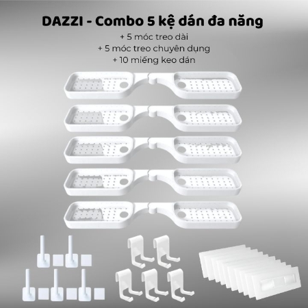 [Edit] DAZZI - Combo 5 kệ dán đa năng Tặng 5 móc treo dài + 5 móc treo chuyên dụng + 10 miếng keo dán