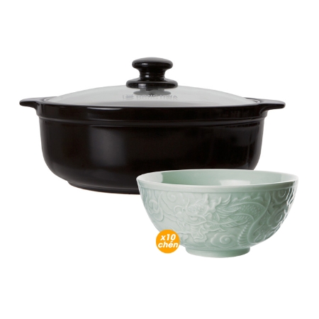 DONG HWA - SET: 1 Nồi đất Tucbeghi G-704 - 1.85L + 10 chén hoa văn rồng