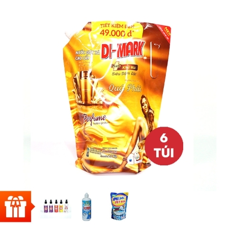 [60PH]DIMARK - Combo 6 túi nước giặt 2,2kg (Hương nước hoa Quý phái) Khuyến mại 5 chai xịt xả vải khô 100ml + 1 chai tẩy trắng tẩy mốc 500ml + 2 gói vệ sinh lồng giặt