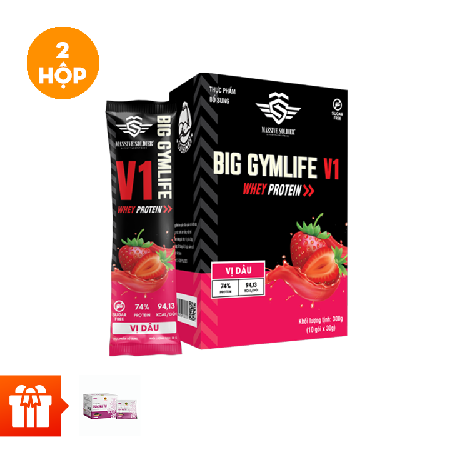 Combo 2 hộp Thực phẩm bổ sung Big Gymlife V1 Whey Protein Vị Dâu (Hộp 10 gói x 30g) +1 hộp  trà hắc kỷ tử 