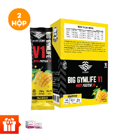 Combo 2 hộp Thực phẩm bổ sung Big Gymlife V1 Whey Protein Vị Xoài (Hộp 10 gói x 30g)+1 hộp  trà hắc kỷ tử 