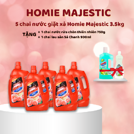 [OB - 60PH] HOMIE - 5 chai nước giặt xả Homie Majestic 3.5kg + 1 chai nước rửa chén thiên nhiên 750g + 1 chai lau sàn Sả Chanh 900ml