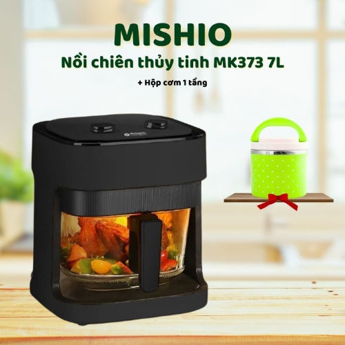 MISHIO - Nồi chiên thủy tinh MK373 7L + Hộp cơm 1 tầng