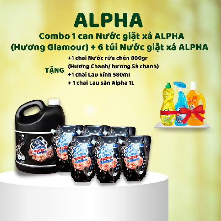 ALPHA - Combo 1 can Nước giặt xả ALPHA – Hương Glamour 3,8 kg+ 6 túi Nước giặt xả ALPHA – Hương Glamour 2,2kg + 1 chai Nước rửa chén 800gr (Hương Chanh/ hương Sả chanh)+1 chai Lau kính  580ml+ 1 chai Lau sàn Alpha 1L