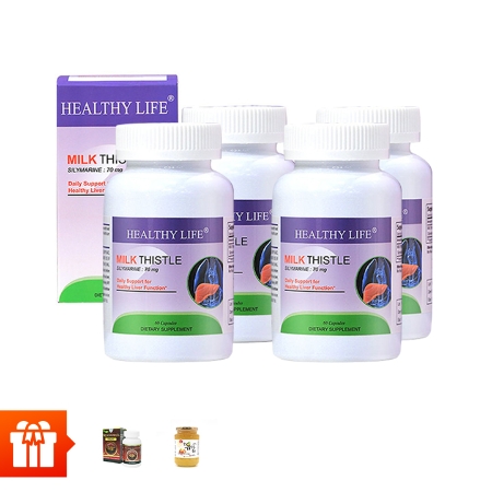 Combo 4 hộp TPBVSK Healthy Life Milk Thistle hỗ trợ gan (60 viên) + 1 hộp viên đông trùng Wellness nutrition 30 viên + 1 hũ chanh mật ong 580gr