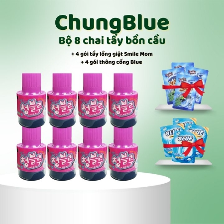 [FS] ChungBlue - Bộ 8 chai tẩy bồn cầu + 4 gói tẩy lồng giặt Smile Mom + 4 gói thông cống Blue 