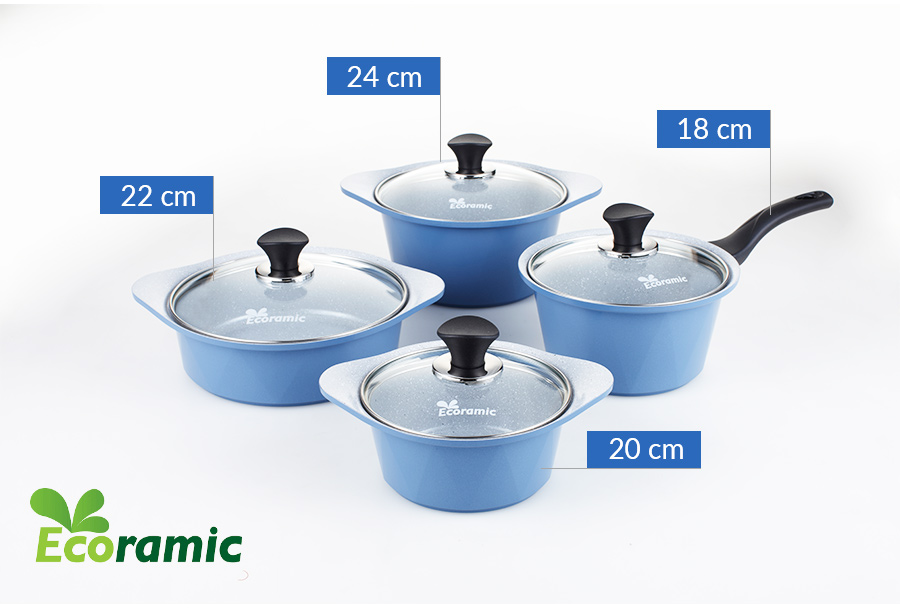 ECORAMIC-Bộ 4 nồi ceramic: nồi 1 tay cầm 18cm, Nồi 2 tay cầm 20-22-24cm +1 cặp nhấc nồi sillicon